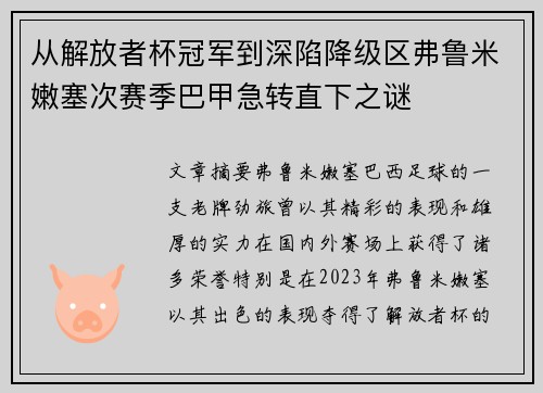 从解放者杯冠军到深陷降级区弗鲁米嫩塞次赛季巴甲急转直下之谜