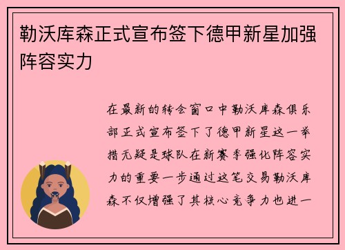 勒沃库森正式宣布签下德甲新星加强阵容实力